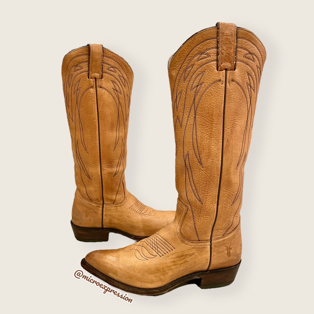 $399 Frye Billy Pull On Tan Leather Embroidered Tonal Stitch Tall Cowboy Boots - Picture 15 of 16